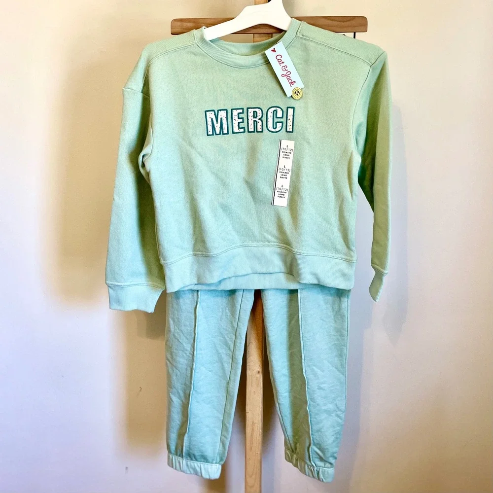 Cat & Jack Girls Mint Green Merci Sweatshirt and Joggers Set‎ Size L 10/12 NEW